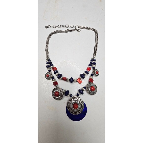 Ruby Rd Doulbe Strand Red Blue & Silver Faux Pearl Beaded Necklace 18"L - Picture 6 of 7